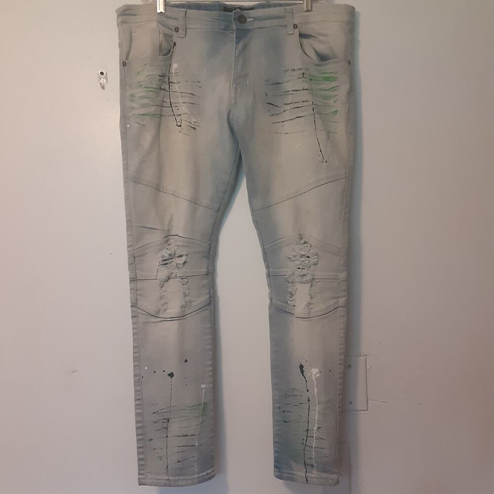 Focus Jeans Mens 42x32 Light Wash Denim Skinny Regular Distressed Grunge Skate